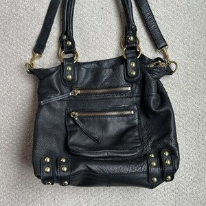 Linea Pelle Black Leather Tote Bag with gold hardware